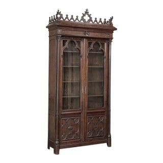 19th Century French Gothic Revival Carved Oak Library Bookcase For Sale