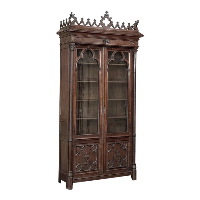 19th Century French Gothic Revival Carved Oak Library Bookcase For Sale