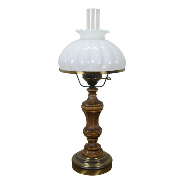 Vintage Pee Gee Milk Glass Shade Brass Wood Sinumbra Faux Oil Table Lamp 26" For Sale
