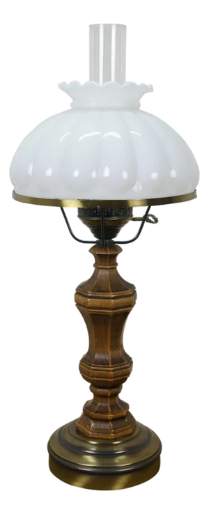 Vintage Pee Gee Milk Glass Shade Brass Wood Sinumbra Faux Oil Table Lamp 26"
