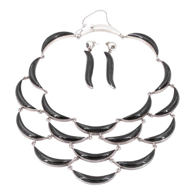 Antonio Pineda 1950s Modern Mexico Sterling Collar Necklace & Earrings - Historic-Rare-3 Pieces For Sale