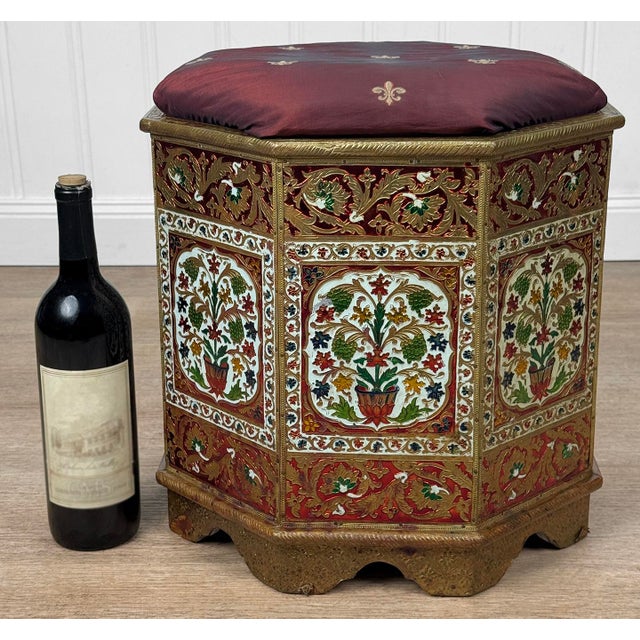 Original Meenakari Persian Ottoman Heavily Decorated Hammered Tin over Wood 8 Paneled Botanical Motif with Vibrant Colors...