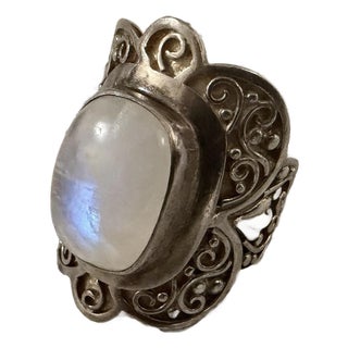 1980s Sterling Silver & Bezel Set Labradorite Gemstone Ring - Size 10 Signed Ph For Sale