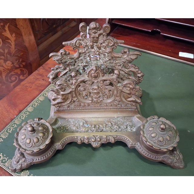 Metal Antique Bronze Inkwell with Cherubs, 1800s For Sale - Image 7 of 8