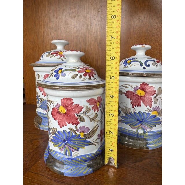 Vintage Hand-Painted Faience Floral Ceramic Canister Set – European Country Kitchen Storage (Set of 3) For Sale - Image 10 of 12