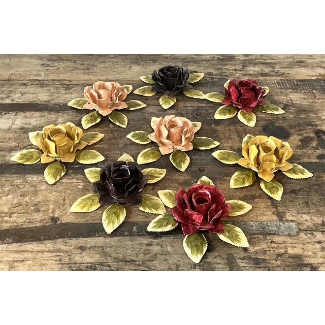 Vintage Hand Painted Tole Roses Candle Holders - Set of 8 For Sale - Image 9 of 12
