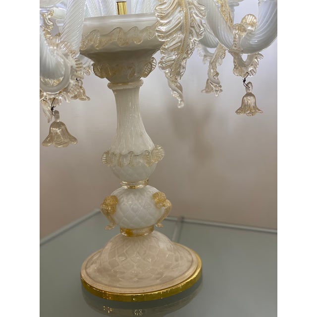 Murano Glass White and Gold Table Lamp With Flowers and Leaves For Sale - Image 6 of 6