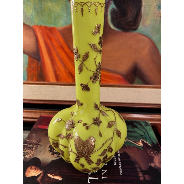 1890s Mount Washington Gilded Chartreuse Art Glass Vase For Sale - Image 13 of 14