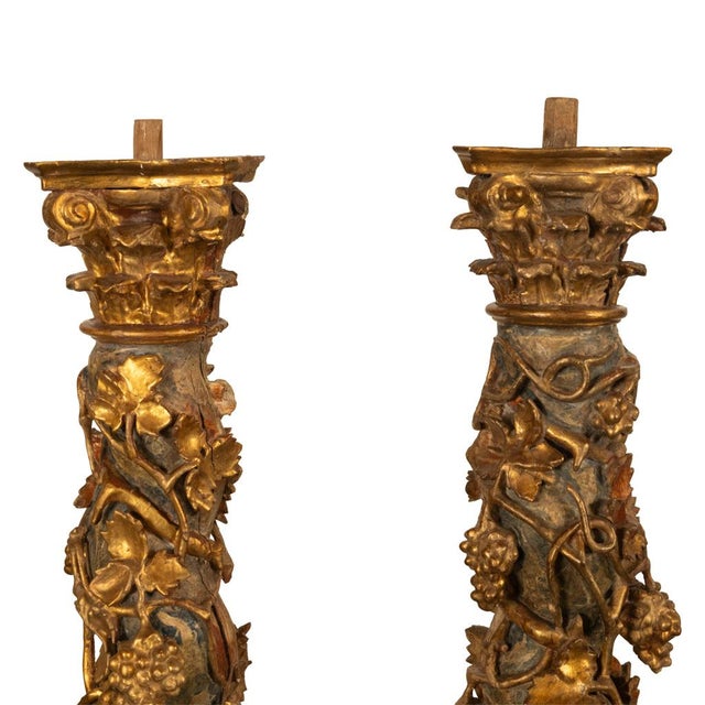 Antique Pair 17th Century Baroque Carved & Gilded Solomonic Columns Italy 1680 For Sale - Image 16 of 17