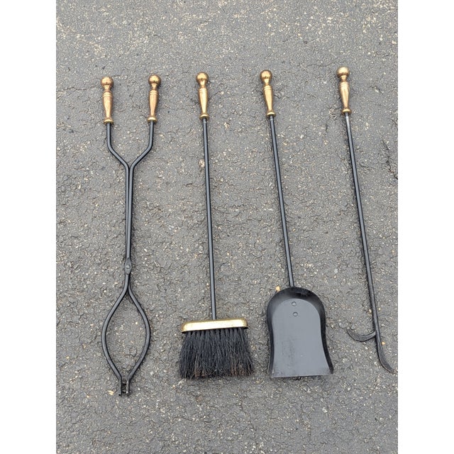 Vintage Brass Plated Metal Fireplace Tools/ 4 Tools and Stand Fireplace Tools Set For Sale In Washington DC - Image 6 of 9