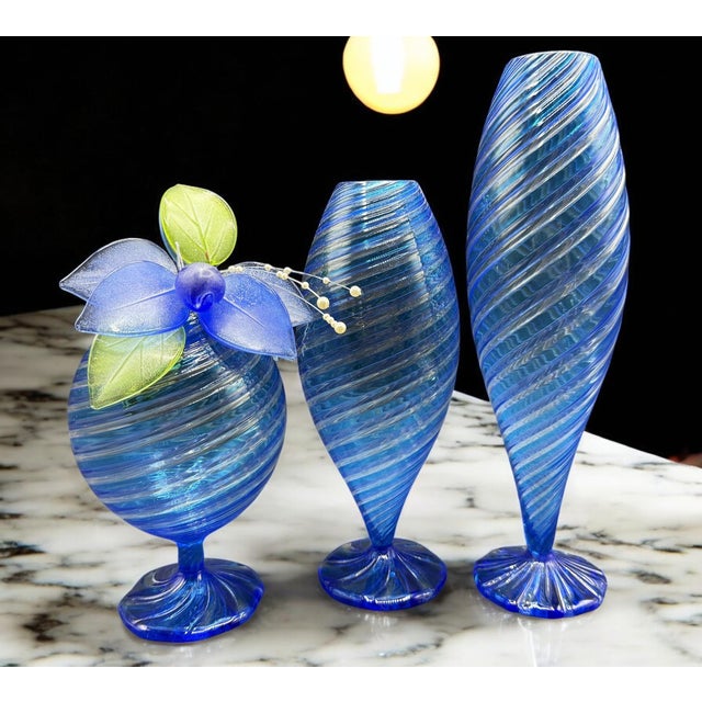 Glass Blue Murano Glass Vases attributed to Novecento Venziano, 1970s, Set of 3 For Sale - Image 7 of 18