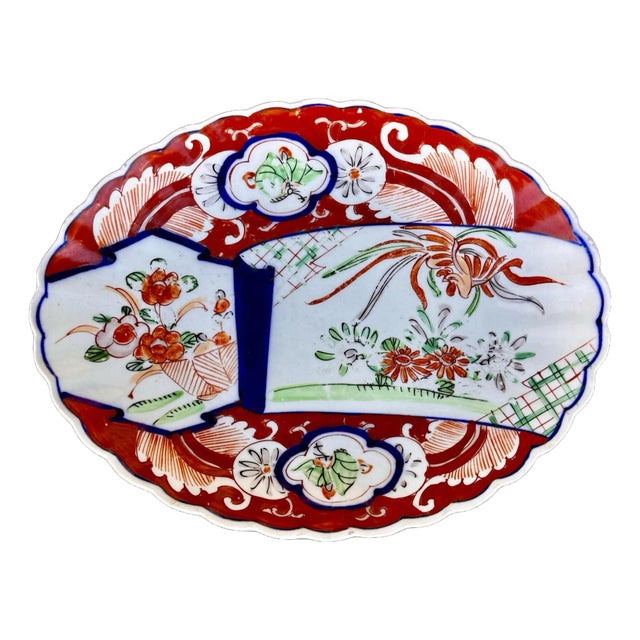 Antique Japanese Imari 19th-Century Scalloped Oval Plate, Meiji Period Kinrande For Sale