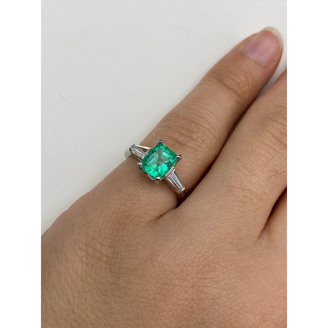 Silver The Beyla: Antique Ladies Platinum Ring set with Outstanding Colombian Emerald and Tapered Baguette Diamonds For Sale - Image 8 of 9