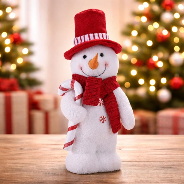 Contemporary Plush Snowman Figurine with Candy Cane andRed Hat For Sale - Image 3 of 4