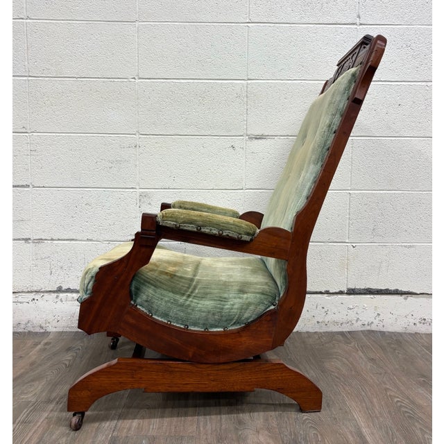Green Antique Victorian Eastlake Carved Walnut Coil Spring Platform Rocking Chair For Sale - Image 8 of 11
