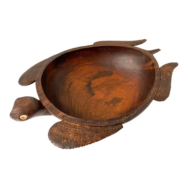 Vintage Island Wood Carved Turtle Bowl For Sale