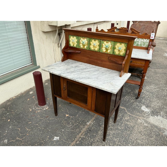 Antique Vanity Cabinet With Marble Top and Decorative Tiles For Sale In Los Angeles - Image 6 of 7