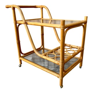 1970s Coastal Style Rattan Dry Bar / Serving Cart For Sale