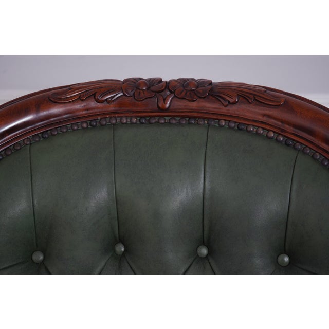 1990s Carved Mahogany Frame Green Leather Office Desk Chair For Sale - Image 5 of 18