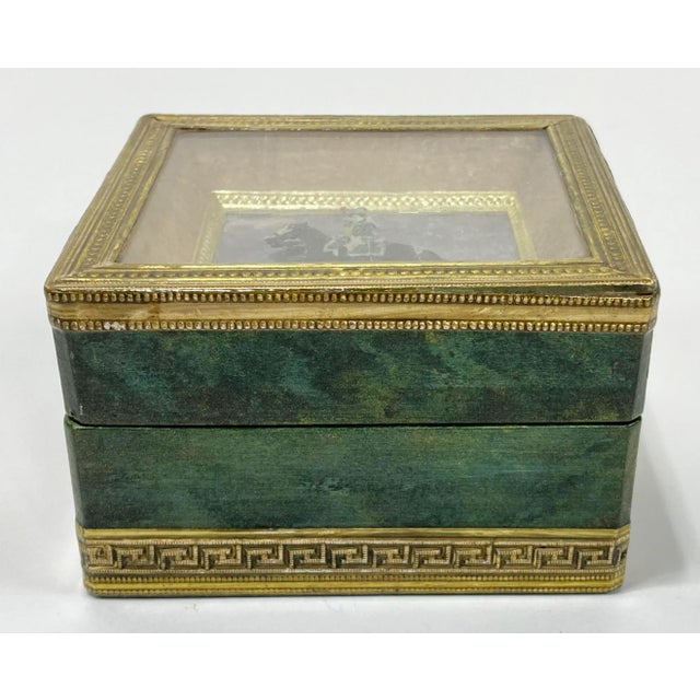 Vintage hand-painted lidded wood box with dimensional soldier on horse in gold gilt lined shadow box. Box painted green...