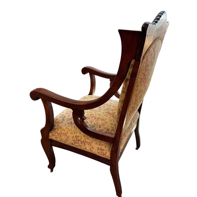 French Provincial Pair of French Provincial Mahogany Armchairs With Floral Upholstery For Sale - Image 3 of 11