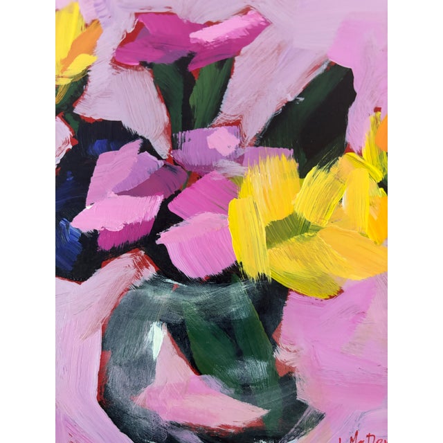 “Pink Reverie” Original Acrylic Contemporary Expressionism Floral Still Life by Linda McDonough For Sale - Image 4 of 9