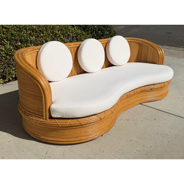 Contemporary 1980s Vintage Curved Pencil Reed Rattan Sofa, With New Sunbrella Upholstery For Sale - Image 3 of 14