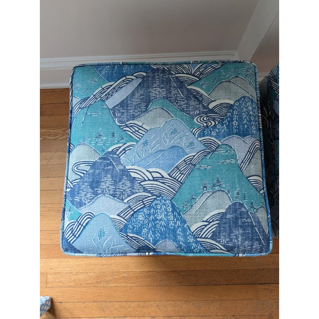 Teal Lee Jofa Kelly Wearstler Edo Linen in Teal Parsons Ottomans - a Pair For Sale - Image 8 of 9