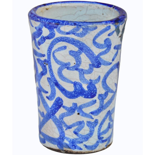 Late 19th Century Handmade Moroccan Blue-Calligraphy Ceramic Accent Cup For Sale - Image 4 of 9