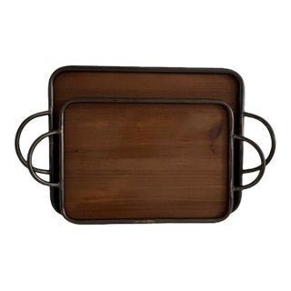 Vintage Handmade Wood Serving Trays With Hand-Forged Metal Frames – Set of 2 For Sale