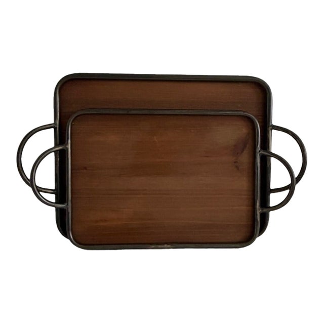 Vintage Handmade Wood Serving Trays With Hand-Forged Metal Frames – Set of 2 For Sale