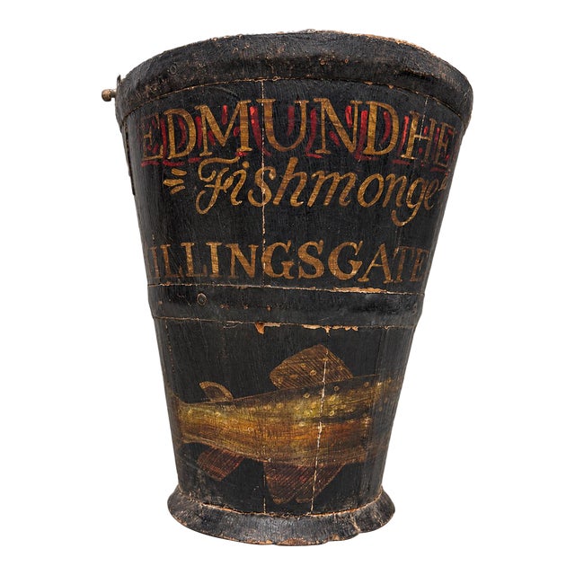 Vintage English Fishmonger’s Bucket With Painted Decoration For Sale