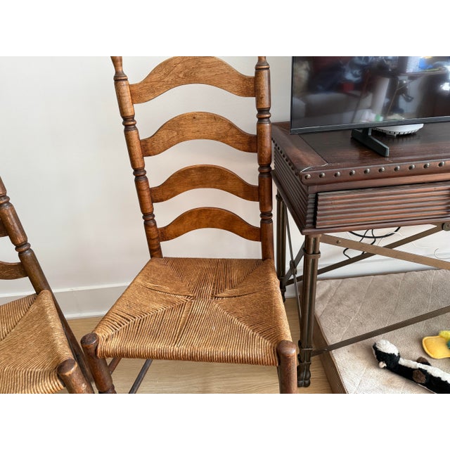 Wood Antique Ladder Back Chairs with Rush Seats- Set of 2 For Sale - Image 7 of 11