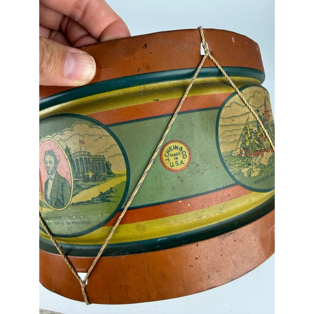 Rare Vintage J. Chein & Co. Patriotic Tin Lithograph Toy Drum | Abraham Lincoln Americana Folk Art Decor For Sale - Image 10 of 12