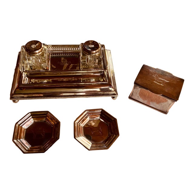 English Silverplate Desk Set With "Ich Dien" Inkwell & Terrier Accessories, C. 1950 For Sale