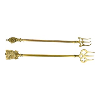 Early 20th Century Telescopic Solid Brass English Fireplace Toasting Fork - 2 Pieces For Sale