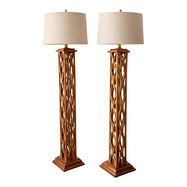 Late 20th Century Tall McGuire Style Rattan Lattice Floor Lamps - a Pair For Sale