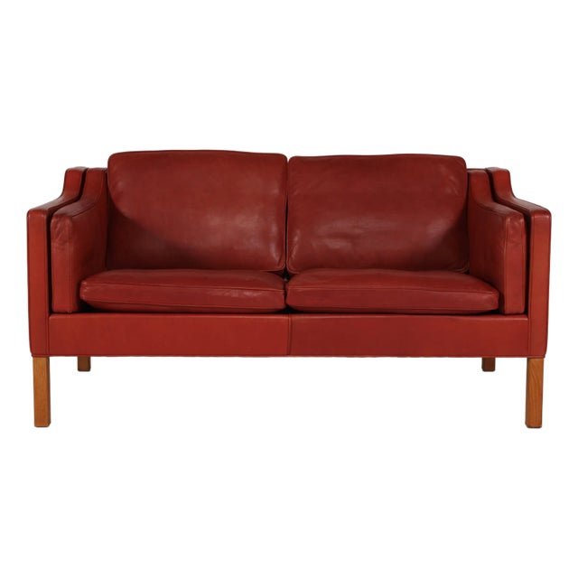 Model No. 2212 2-Seater Sofa in Reddish Brown Leather with Oak Legs by Børge Mogensen for Fredericia Furniture, Denmark, 1980s For Sale