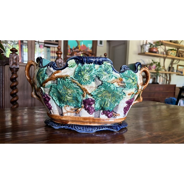 Art Nouveau Vintage Majolica Grape Vine Jardinière Planter Cobalt Blue For Sale - Image 3 of 12