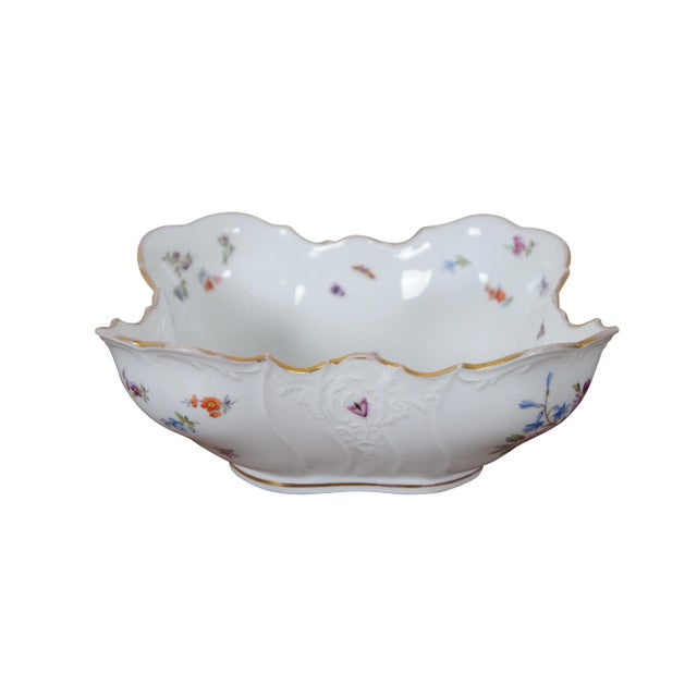 Antique German Dresden porcelain serving bowl or compote featuring square form with serpentine ruffled edge design, gold...