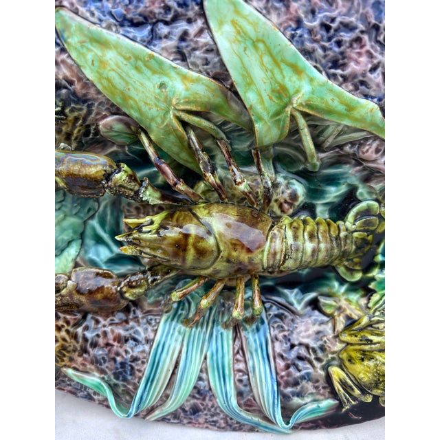 19th Century Majolica Palissy crawfish platter signed Thomas Sergent. Frog, Lizard,shells and leaves.