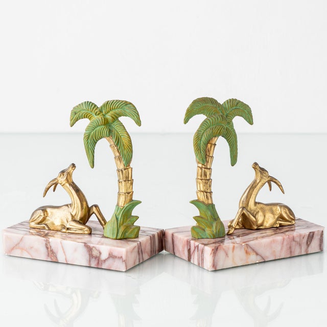 French Art Deco Gazelle and Palm Bookends on Pink Marble, 1920s, Set of 2 For Sale - Image 3 of 10