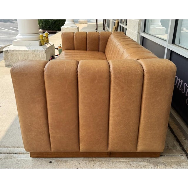 Brown Cb2 Forte 81-Inch Channeled Saddle Leather Sofa With Walnut Base For Sale - Image 8 of 16