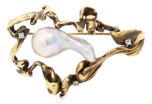 Mid-Century Brutalist 14k Gold, Diamond, and Large Grey Baroque Pearl Brooch