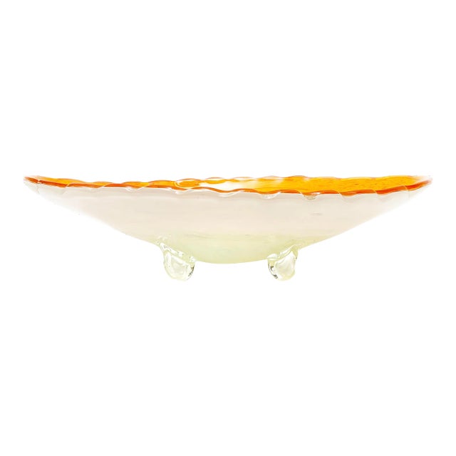 1950's Mid-Century Modern Fratelli Toso Oversized Italian Murano Art Glass White, Orange, & Gold Fleck Footed Centerpiece Bowl For Sale