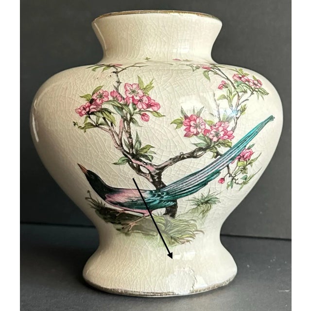 Vintage 1900s Chinoiserie Bird & Pink Flowering Bush Round Porcelain Vase For Sale - Image 12 of 12