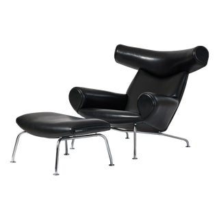 Set of EJ100 Ox Lounge Chair and Ottoman in Black Leather by Hans J. Wegner for Erik Jørgensen, 1980s For Sale