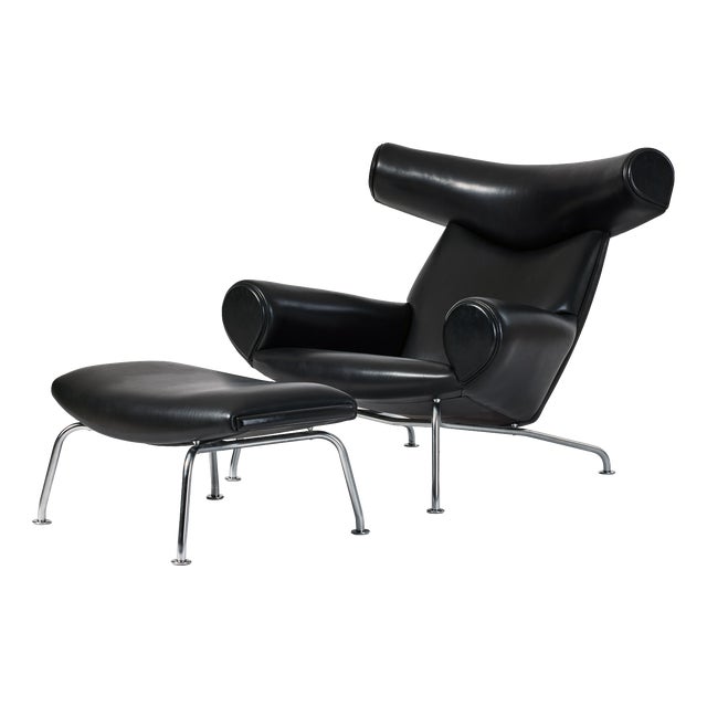 Set of EJ100 Ox Lounge Chair and Ottoman in Black Leather by Hans J. Wegner for Erik Jørgensen, 1980s For Sale