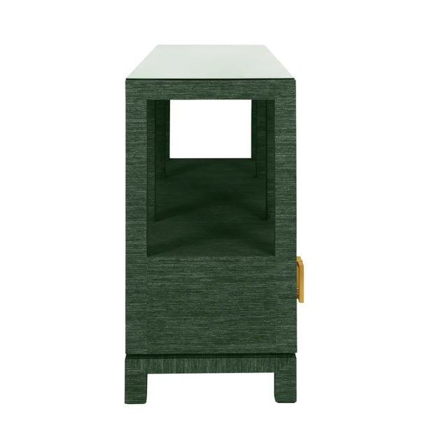 2020s Matthew Izzo Home Campbell Green Grasscloth Two Tiered, Three Drawer Console Table With Satin Brass Hardword and Glass Top For Sale - Image 5 of 10