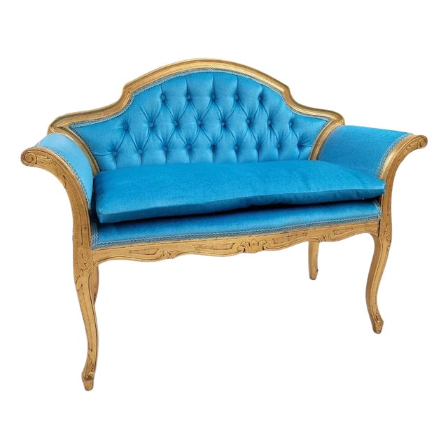 Antique French Regency Gold Gilded Tufted Back Bench Settee Newly Reupholstered For Sale